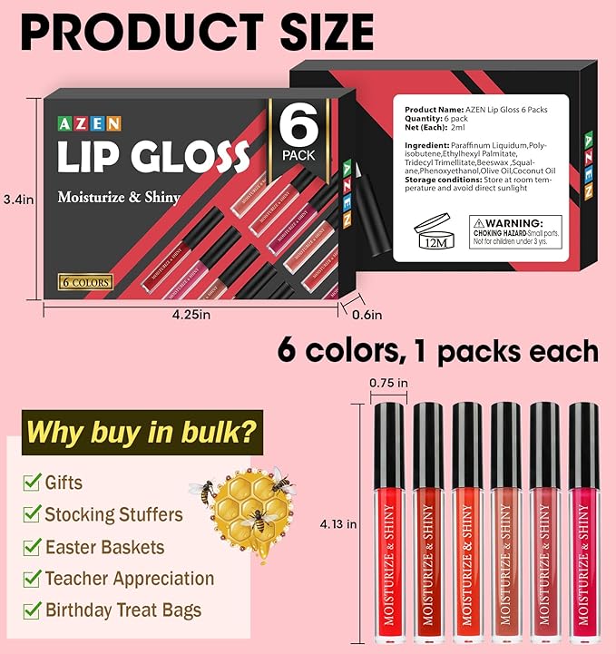AZEN 6 Pack Lip Gloss Bulk Set, Shimmery Lip Gloss for Women and Girls With Rich Varied Colors