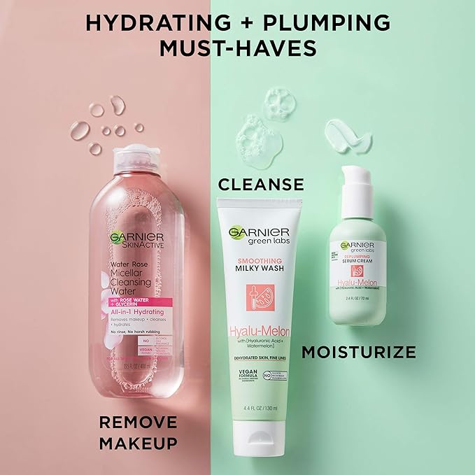 Garnier SkinActive Green Labs Hyalu-Melon Smoothing Milky Washable Cleanser with Hyaluronic Acid + Watermelon for Dehydrated Skin, Fine Lines, 2 Count (Packaging May Vary)