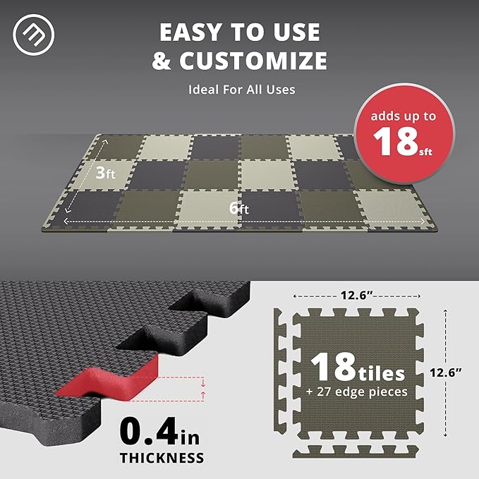 Gym Flooring Set - Interlocking EVA Soft Foam 18 Pieces