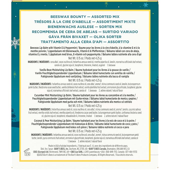 Burt's Bees Lip Balm, Beeswax Bounty Assorted Mix, 4-Pack, 0.15 Oz