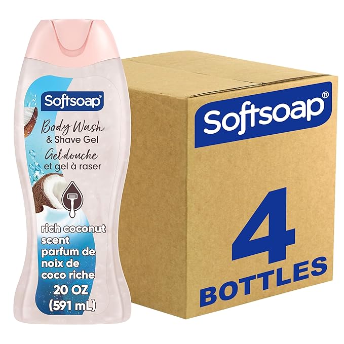 Softsoap Moisturizing Body Wash and Shave Gel, Rich Coconut Scent, 20 fl oz Bottle (Pack of 4)