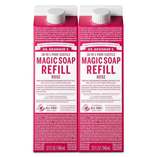 Dr. Bronner's Magic Soap-Pure-Castile Liquid Soap Refill (Rose 32 ounce, 2-Pack)-Regenerative Organic Certified Oils, For Body, Hair, Laundry, Pets & Dishes, Concentrated, Vegan, Non-GMO