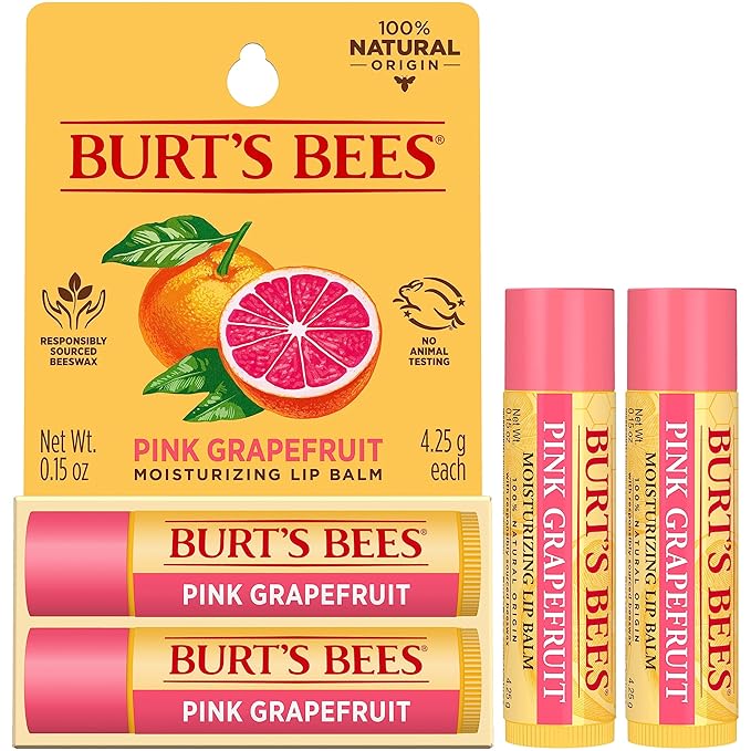 Burt's Bees Lip Balm - Pink Grapefruit, Lip Moisturizer With Responsibly Sourced Beeswax, Tint-Free, Natural Origin Conditioning Treatment, 2 Tubes, 0.15 oz.