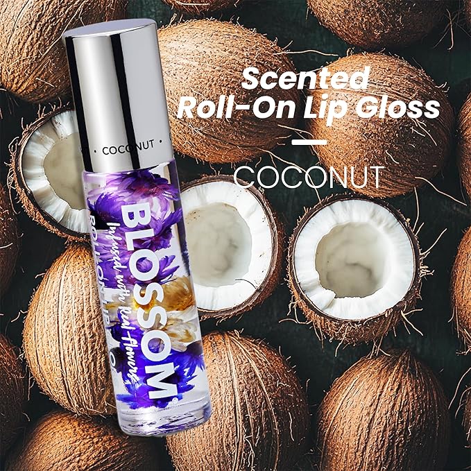 Blossom Roll on Lip Gloss, Scented Clear High Shine Moisturizing Lip Oil, Non Sticky, Infused with Real Flowers, Made in USA, 0.2oz, Coconut