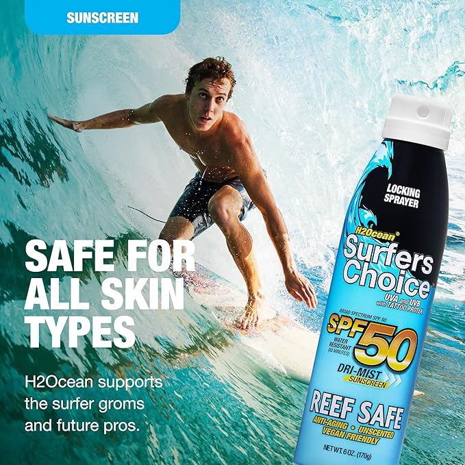 H2Ocean Surfers Choice SPF 50 Spray - Quick-Drying Sunscreen Spray for Tattoo Aftercare & UV Protection - Reef-Safe Sun Protection for All Ages - 6 oz