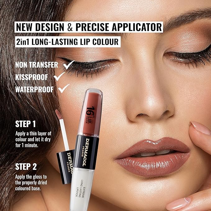 Dermacol NEW 16-Hour Lip Colour, Highly Pigmented Glossy Lip Stain, Two-Phase Lip Plumper Gloss, Kissproof Lip Makeup Products with Matte and Glitter Finish, n.33