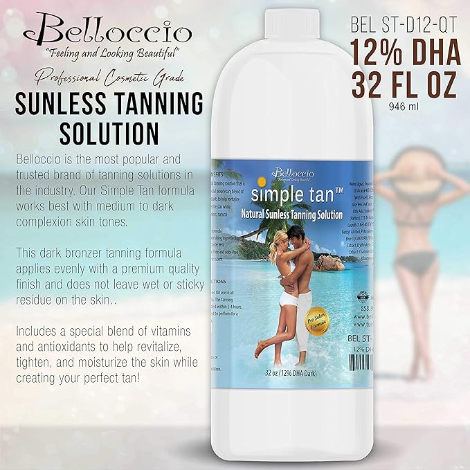 Belloccio Simple Tan Quart Bottle of Professional Salon Sunless Tanning Solution with 12% DHA and Dark Bronzer Color Guide