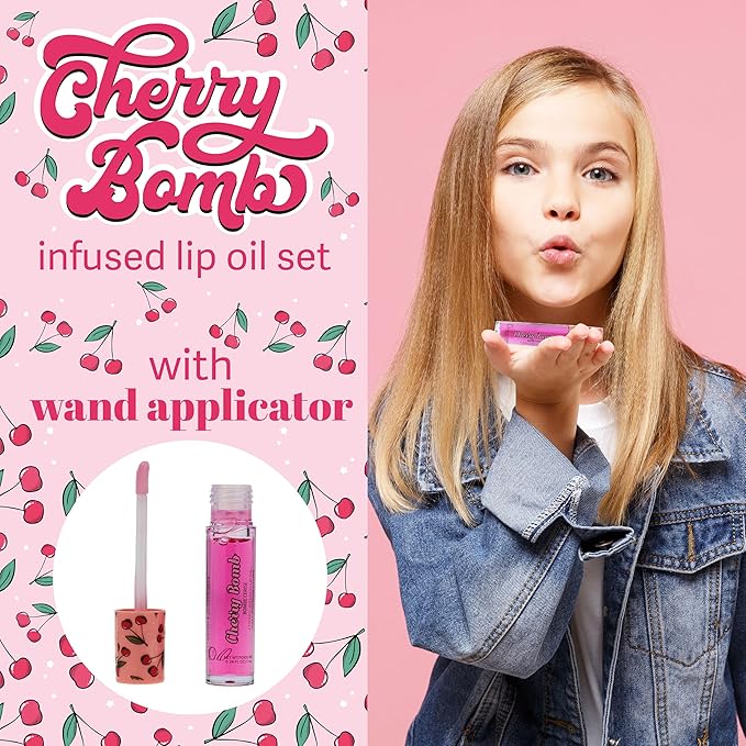 5pc Lip Oil Set - Cherry Bomb Lip Oils, Lip Healing Cherry Infused Lip Oil Collection with Precision Applicator Wand Everyday Lip Care and Lip Repair (CHERRY BOMB)