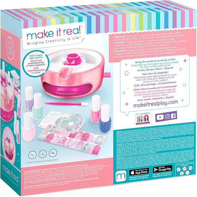 Light Magic Nail Dryer & Polish Set for Girls & Teens - 5 Vibrant Nail Colors, Art Stickers, Nail File, Cuticle Pusher & Dryer - Water-Based, Non-Toxic Polish Perfect Spa Day Manicures Make it Real