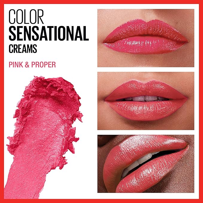 Maybelline Color Sensational Lipstick, Lip Makeup, Cream Finish, Hydrating Lipstick, Pink & Proper, Coral Pink ,1 Count
