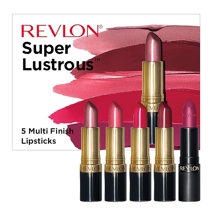 Revlon Super Lustrous 5-Piece Lipstick Gift Set, High Impact, Moisturizing, 460 Blushing Mauve & 430 Soft Silver Rose (Pearl), 775 Super Red & 777 Vampire Love (Cream), 025 Insane (Matte), 0.75 Oz