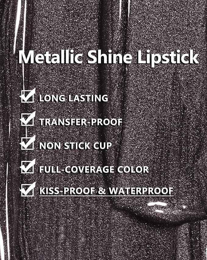 MAKI YIKA Metallic Lipstick for Women Black Lipsticks Long Lasting Glitter Lipstick No Smudge No Transfer Full-Coverage Liquid Lip Gloss (BR14 Midnight)