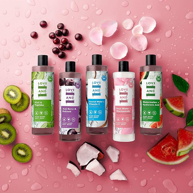 Love Beauty and Planet Plant-Based Body Wash Hydrate and Restore Skin Watermelon and Hyaluronic Acid Made with Plant-Based Cleansers and Skin Care Ingredients, 100% Biodegradable 20 fl oz