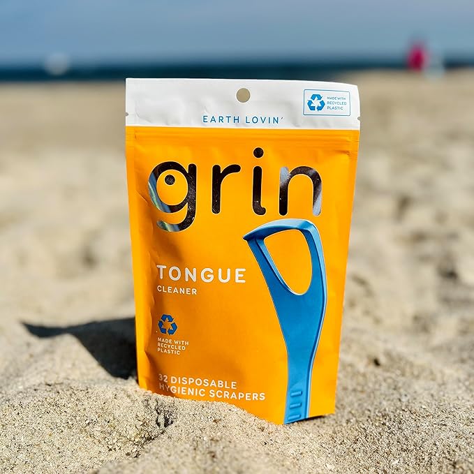 GRIN Tongue Cleaner, 32 Count, Disposable Tongue Cleaner, Hygienic Scraper, Recycled Plastic, Clean Tongue, Promote Fresh Breath, Includes Safe Fold- Back Tooth Pick (Pack of 3)