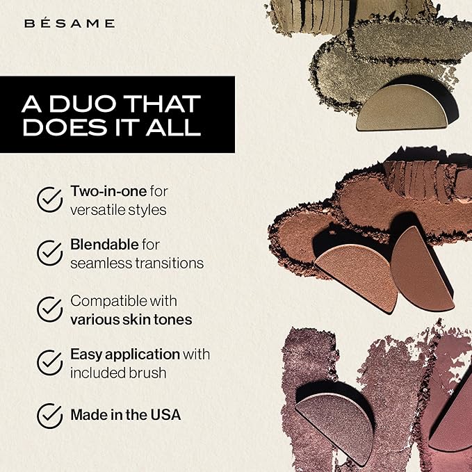 BESAME 3 Eyeshadow Duo & Shadow Brush Set – Socialite Brown, Pistachio, Plum Dandy – Ultra-Blendable Matte & Shimmer with Cruelty-Free Shadow Brush