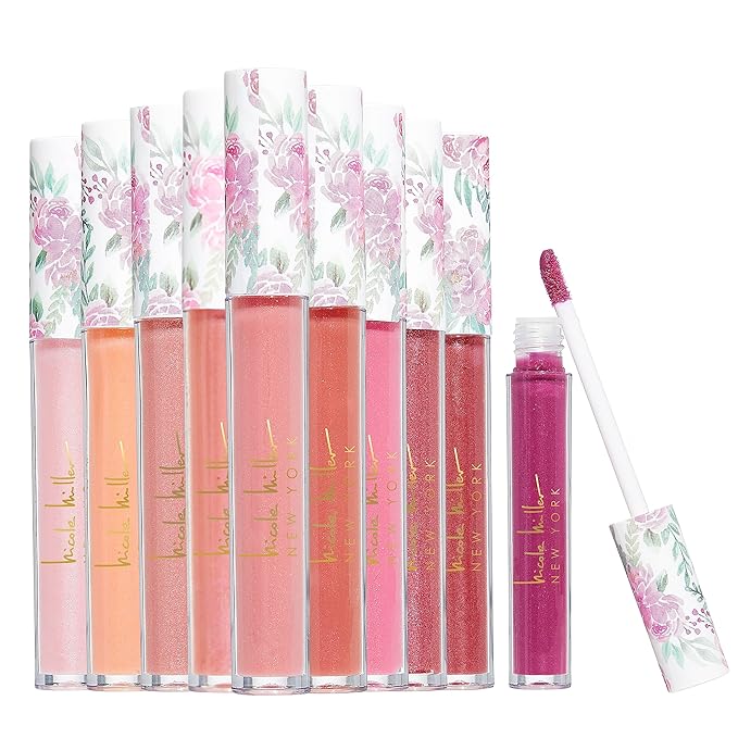 Nicole Miller Lip Gloss Collection Shimmery Glosses for Women and Girls Long Lasting Color Set with Rich Varied Colors, Flowery Pink, 10 Count (Pack of 1)
