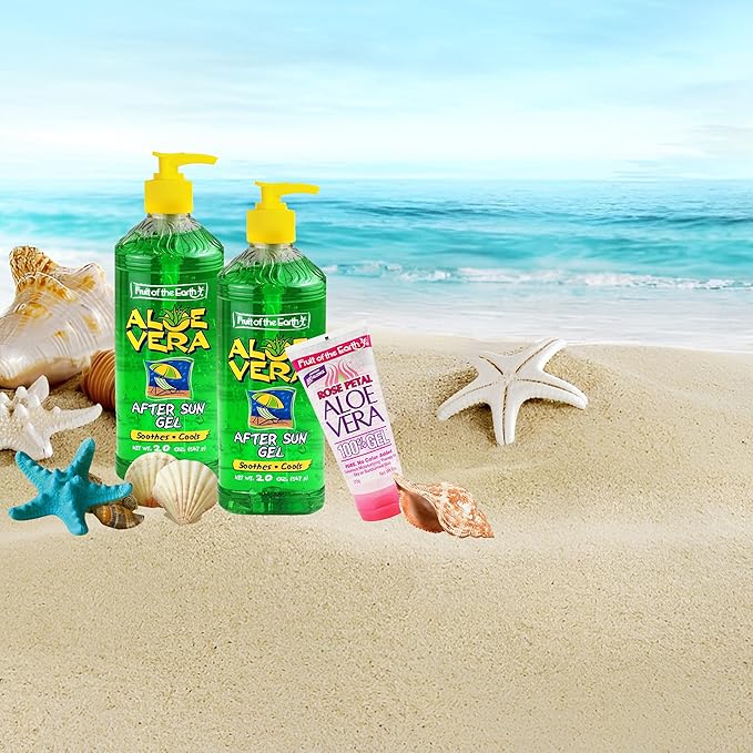 46oz Bulk Pack Fruit of the Earth Aloe Vera After Sun Gel, Set of 3, Pure Aloe Vera 100% Gel For Sunburn Relief, Includes 2 Pumps (20 oz) and 1 Travel Size Rose Aloe Vera (6 oz) + Bonus ZompoZ Tissues