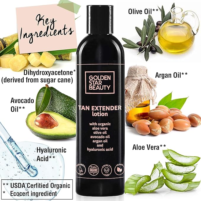 Tan Extender Daily Moisturizer - Best After Tanning Lotion w/Organic Oils and Hyaluronic Acid to Extend Your Tan from Sunless Tanner, Spray Tan, Sun or Tanning Bed 8.0 fl.oz.- Booklet included