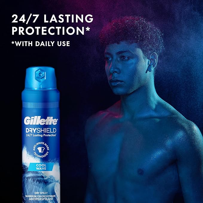 Gillette Dry Spray Antiperspirant and Deodorant for Men, 24/7 Sweat & Odor Protection, Anti-White Mark Technology, Cool Wave Scent, 4.3 oz (Pack of 3)
