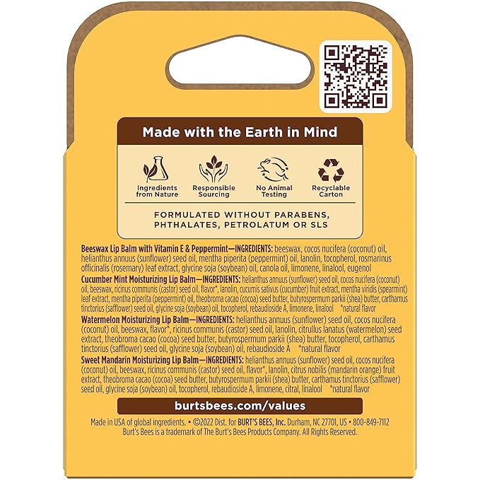 Burt's Bees Lip Balm - Original Beeswax, Cucumber Mint, Watermelon & Sweet Mandarin, With Responsibly Sourced Beeswax, Tint-Free, Natural Origin Treatment, 4 Tubes, 0.15 oz.