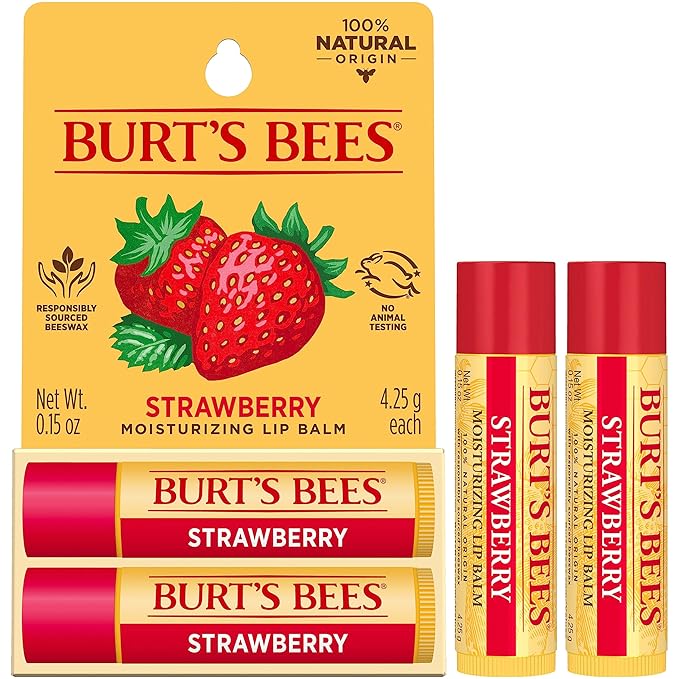 Burt's Bees Lip Balm - Strawberry, Lip Moisturizer With Responsibly Sourced Beeswax, Tint-Free, Natural Origin Conditioning Treatment, 2 Tubes, 0.15 oz.