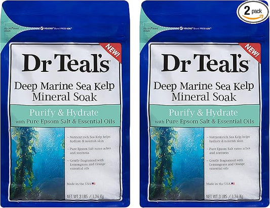 Dr Teal's Epsom Salt Sea Kelp Sea Mineral Bath Soaking Solution - Purify & Hydrate - Pack of 2, 3 lb Resealable Bags - Moisturize Your Skin, Relieve Stress and Sore Muscles