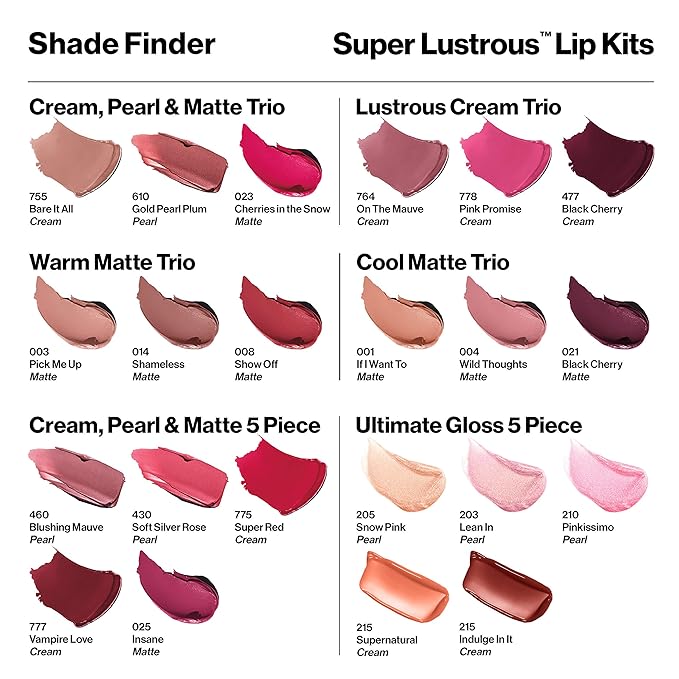 Revlon Super Lustrous 3-Piece Lipstick Gift Set, High Impact, Moisturizing, Cream Finish, 764 On The Mauve, 778 Pink Promise, 477 Black Cherry, 0.45 Oz