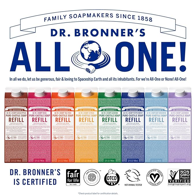 Dr. Bronner's - Pure-Castile Liquid Soap Bottle & Refill Carton Made with 82% Less Plastic (Almond, 32 oz) - Face, Body, Hair, Laundry, Dishes & More, Super-Concentrated, Organic, Vegan, Non-GMO