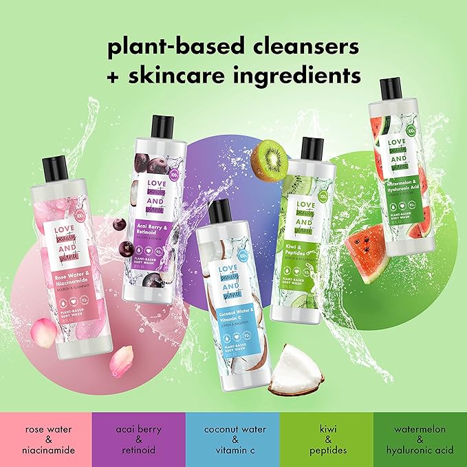 Love Beauty and Planet Plant-Based Body Wash Hydrate and Restore Skin Watermelon and Hyaluronic Acid Made with Plant-Based Cleansers and Skin Care Ingredients, 100% Biodegradable 20 fl oz