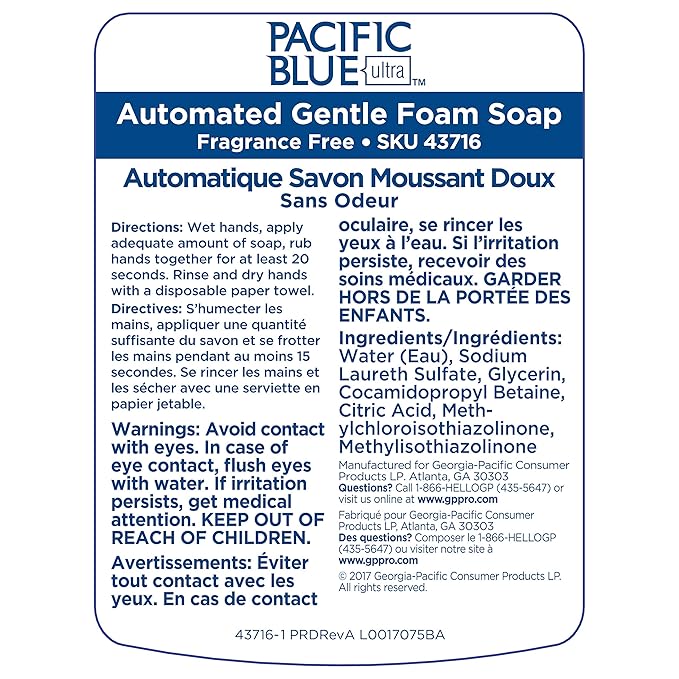 Pacific Blue Ultra Gentle Foam Hand Soap Refill (43716), Compatible Only With Pacific Blue Ultra Automated Touchless Dispenser, Dye and Fragrance Free, 40.5 FL OZ Per Refill, 3 Refills Per Case