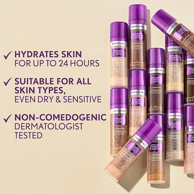 Covergirl Simply Ageless Skin Perfector Essence Foundation, 80 Deep, Tinted Skin Perfector, Skincare Makeup Hybrid, Sheer Tint, Radiant Finish, Skin-Like Finish, Vegan Formula, 1.0oz