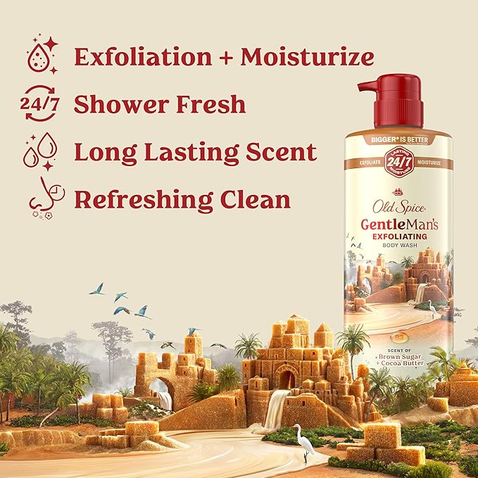 Old Spice GentleMan's Exfoliating & Moisturizing Body Wash for Men, 24/7 Shower Fresh with Long Lasting Scent, Renewing Vitamin B3 Blend, Brown Sugar + Cocoa Butter Scent, 26 oz