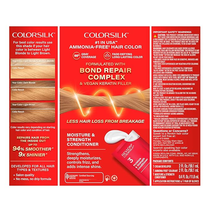 Revlon ColorSilk with Bond Repair Complex, Blonde Permanent Hair Color, 100% Gray Coverage, Ammonia Free Hair Dye, Vegan Keratin, 81 Light Blonde (Pack of 3)