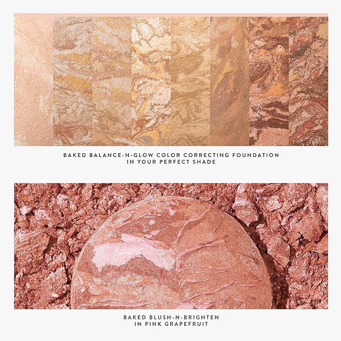 Blush-n-Glow Kit (3 PC): LAURA GELLER NEW YORK Baked Balance-N-Glow Illuminating CC Powder Foundation Sand, Retractable Kabuki Brush, Baked Blush-N-Brighten Pink Grapefruit