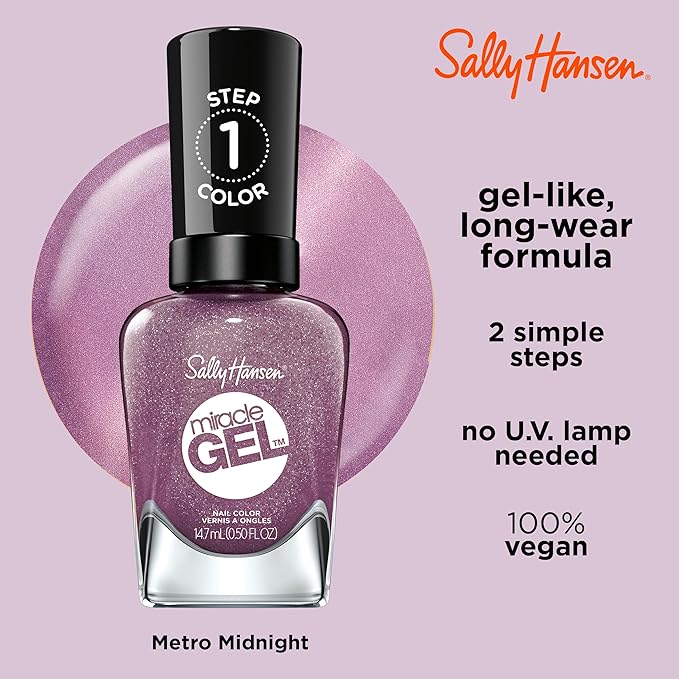 Sally Hansen Miracle Gel™, Metro Midnight, Long Lasting, Gel-Like Formula, No UV Lamp Needed, Purple Nail Polish