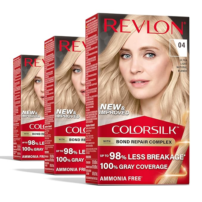 Revlon ColorSilk with Bond Repair Complex, Blonde Permanent Hair Color, 100% Gray Coverage, Ammonia Free Hair Dye, Vegan Keratin, 04 Ultra Light Natural Blonde (Pack of 3)