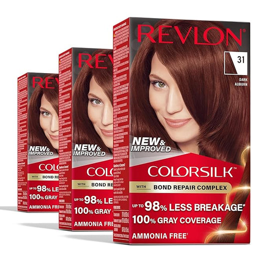 Revlon ColorSilk with Bond Repair Complex, Auburn Permanent Hair Color, 100% Gray Coverage, Ammonia Free Hair Dye, Vegan Keratin, 31 Dark Auburn (Pack of 3)