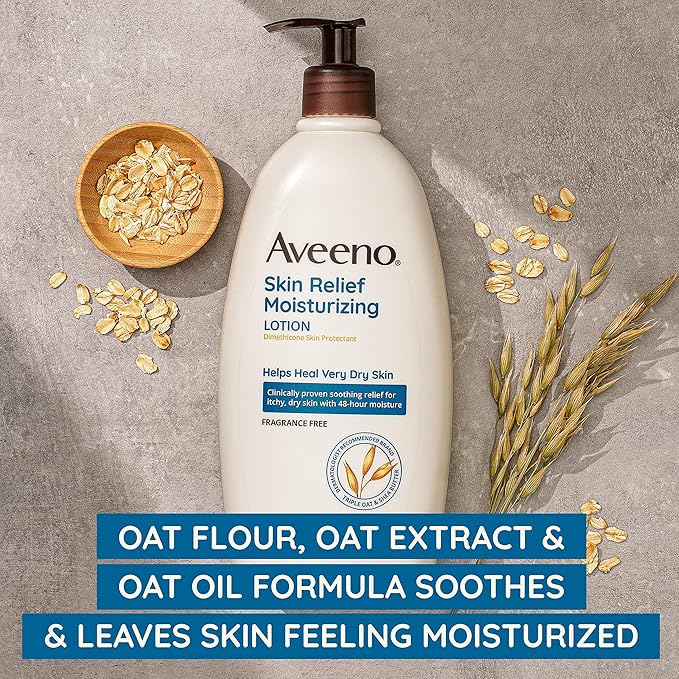 Aveeno Skin Relief Moisturizing Lotion for Very Dry Skin with Soothing Triple Oat & Shea Butter Formula, Dimethicone Skin Protectant Helps Heal Itchy, Dry Skin, Fragrance-Free, 8 fl. oz.